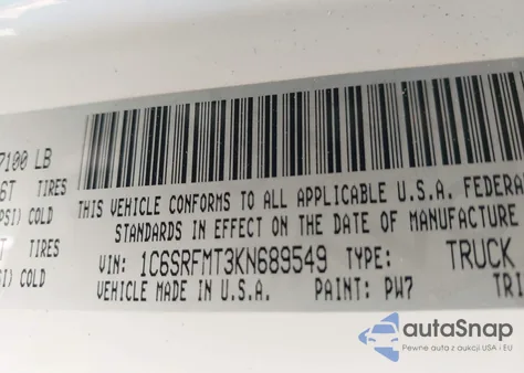 2019 Ram 1500 Big Horn/Lone Star 4X4 6'4 Box z USA, uszkodzony, nr VIN 1C6SRFMT3KN689549